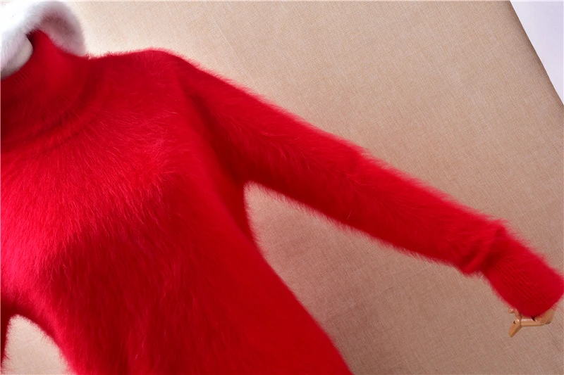 Ladies Women Fall Winter Red Hairy Mink Cashmere Knitted Turtleneck Long Sleeves Slim Blouses Underwear Sweater Jumper Pull Tops