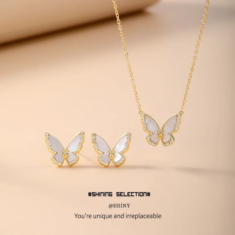 

2-piece Set of High-end Mother of Pearl Butterfly Zircon Earrings Necklace for Women's New Light Luxury Niche Design Jewelry