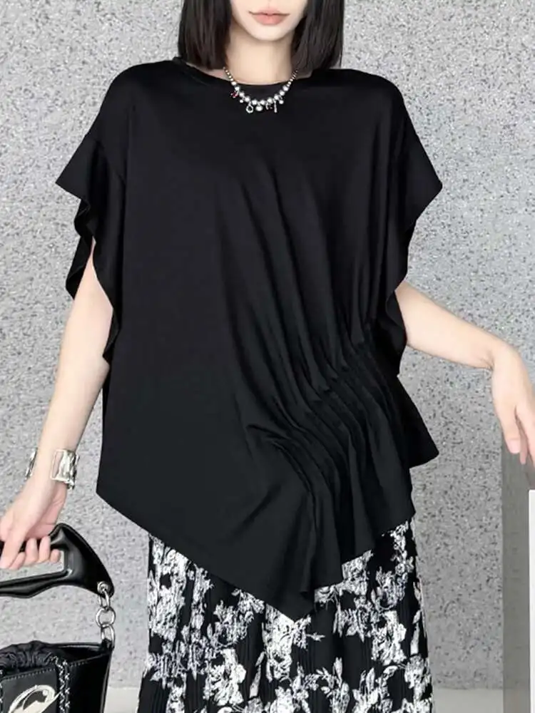 

Women White Irregular Pleated Big Size Casual T-shirt New Round Neck Short Sleeve Fashion Tide Spring Summer