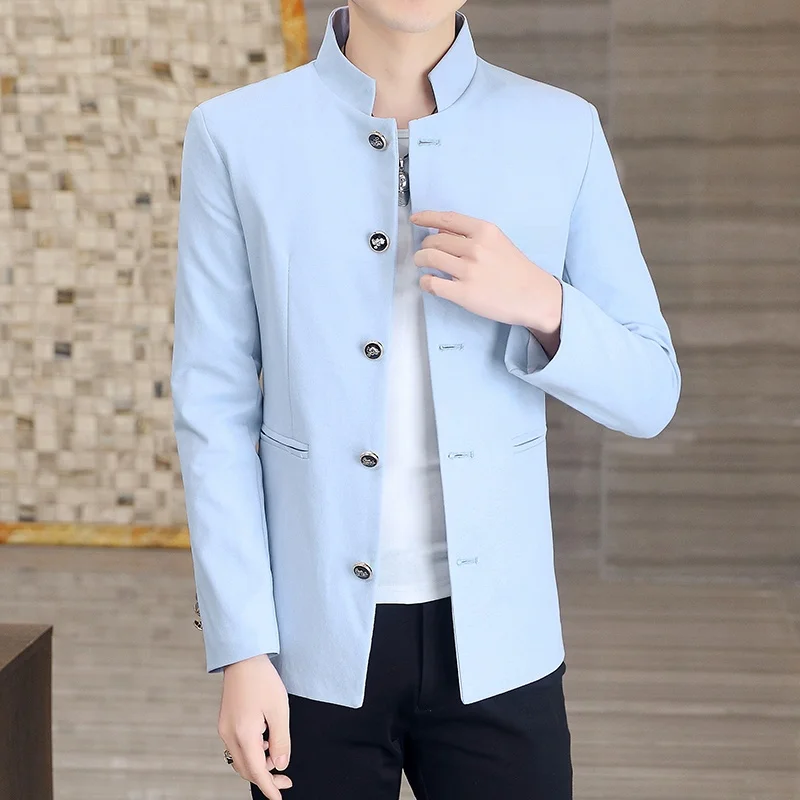 

Мужской деловой повседневный пиджак Slim Fit с воротником-стойкой, традиционное пальто в стиле Тан, верхняя одежда из смесового полиэстера с длинными рукавами