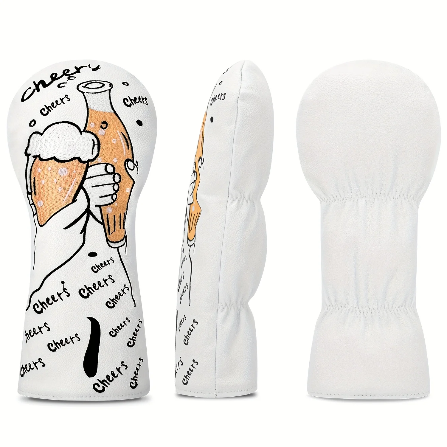 Cheers-Themed Golf Headcovers - White with Beer Mug Design, Protective Glove Covers for 1, 3, 5, and UT Wooden Golf Clubs