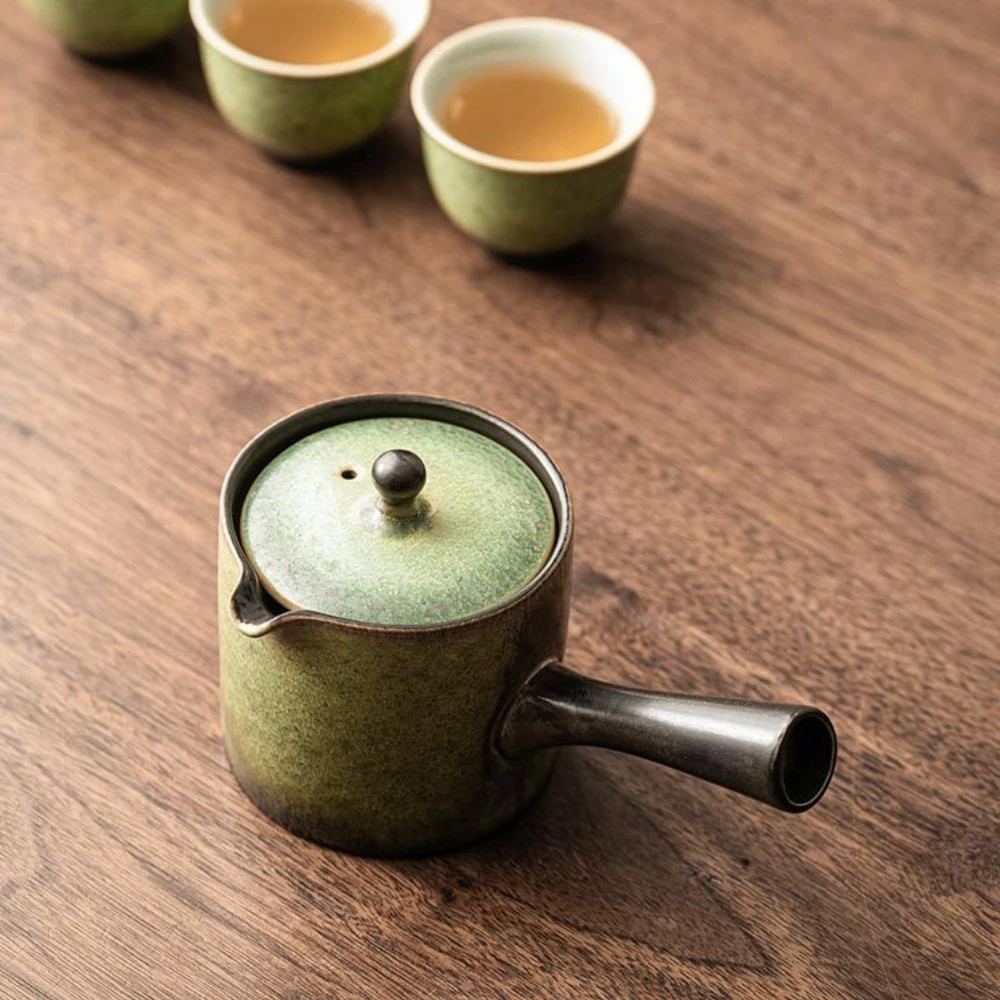 Tetera de cerámica con mango lateral Retro transformado en horno de 160ML, juego de té Gongfu de estilo chino, tetera resistente al calor para el hogar y los invitados