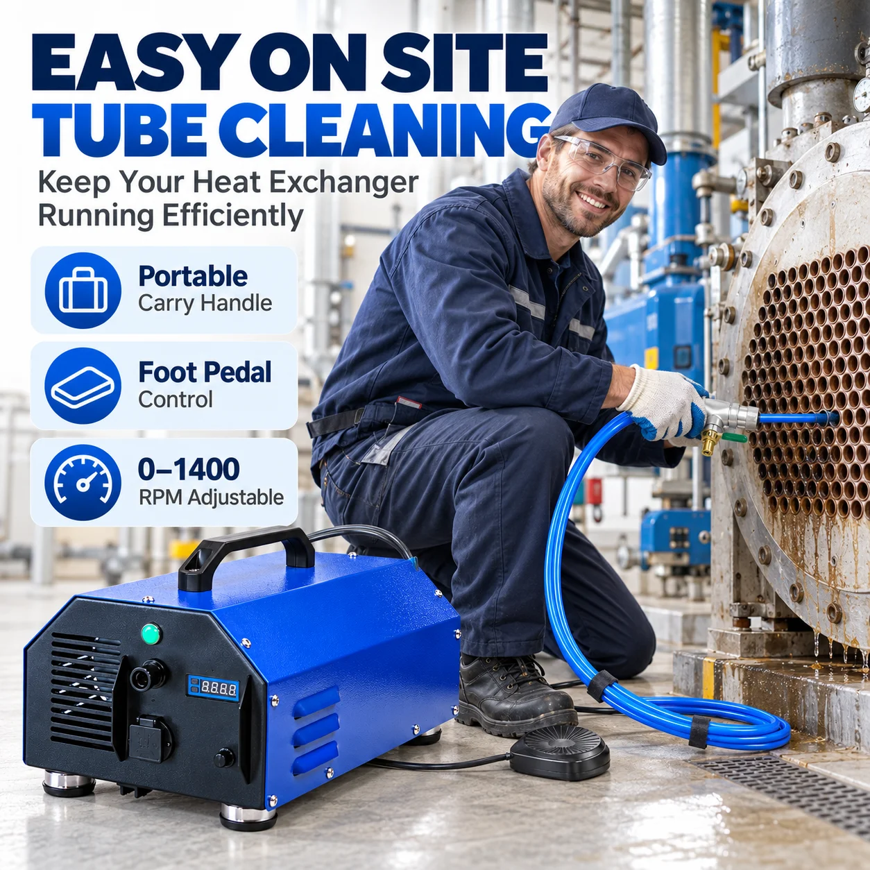 AOLIVIYA Electric Condenser Tube Cleaning Machine 370W HVAC Chiller Heat Exchanger Copper Pipe Cleaner Rotary Brush Kit