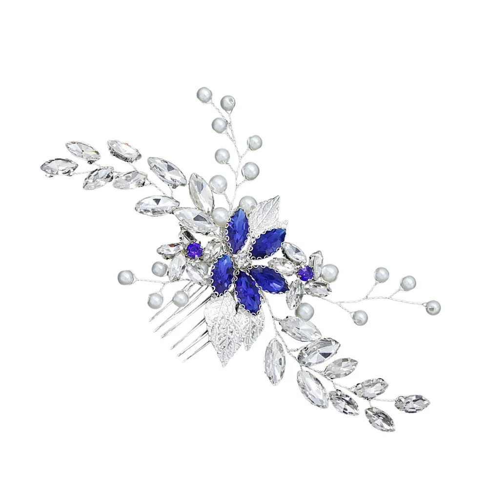 

Свадебная расческа для волос, свадебное украшение для головы, синий дизайн с кристаллами и стразами, элегантное украшение для волос для невесты и подружек невесты