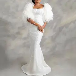 Christmas Dress African Wedding Party Dresses for Women White Maxi Sequin Square Collar Feathers Gowns Elegant Fitted Outfits