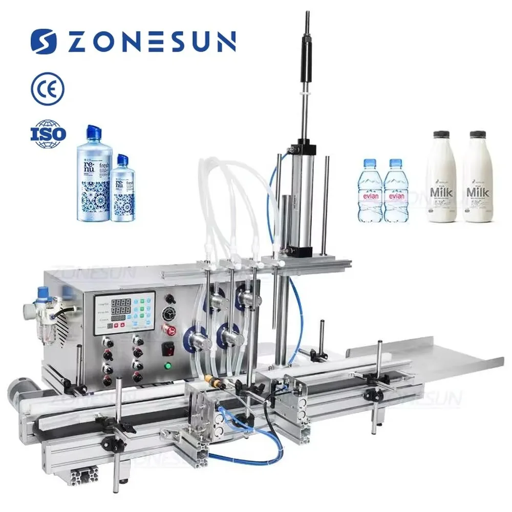 ZONESUN Automatic Desktop CNC Liquid Water Filler Magnetic Pump 4 Diving Head With Conveyor for Perfume Bottle Filling