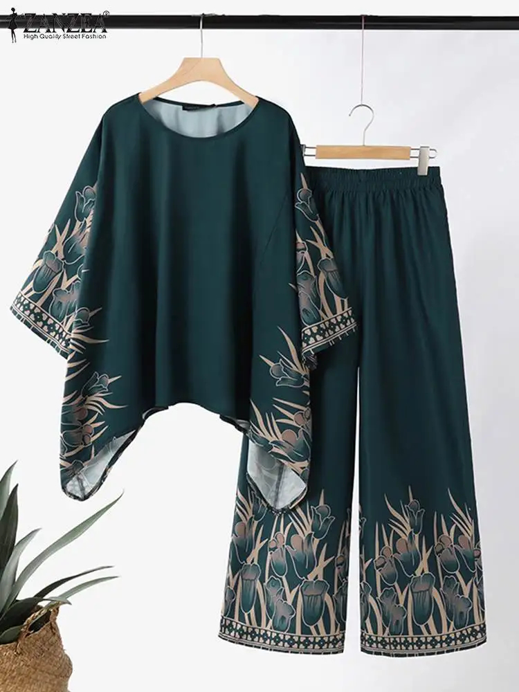 ZANZEA Women Vintage Floral Printed Trousers Suits 2PCS Long Sleeve Blouse Muslim Pants Sets Casual Tracksuit Islamic Clothing