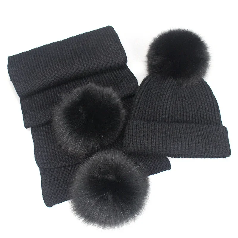 New Knitted Winter Hat Scarf Set Skullies Real Fox Fur Pompom Women Thick Beanies and Scarf Female Knitted Winter Girls Gift