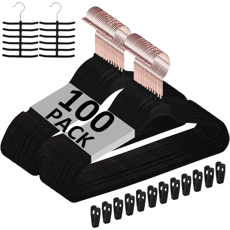 Premium Velvet Clothes Hangers Suit Heavy Duty (100 Pack)-Non Slip & Space-Saving with 12 Finger Clips & 2Tie Rack