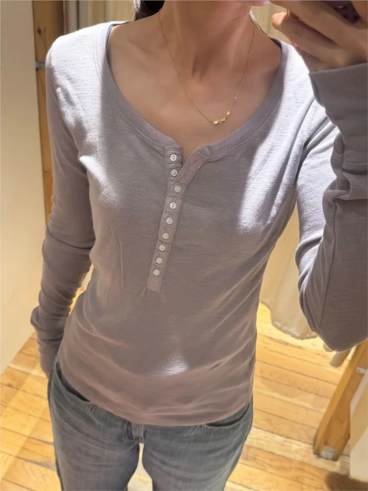 Purple Nine Buttons T-shirts Women Autumn New Bamboo Cotton Casual Preppy Style Long Sleeve Tees Sweet Simple Basic T Shirt Y2K