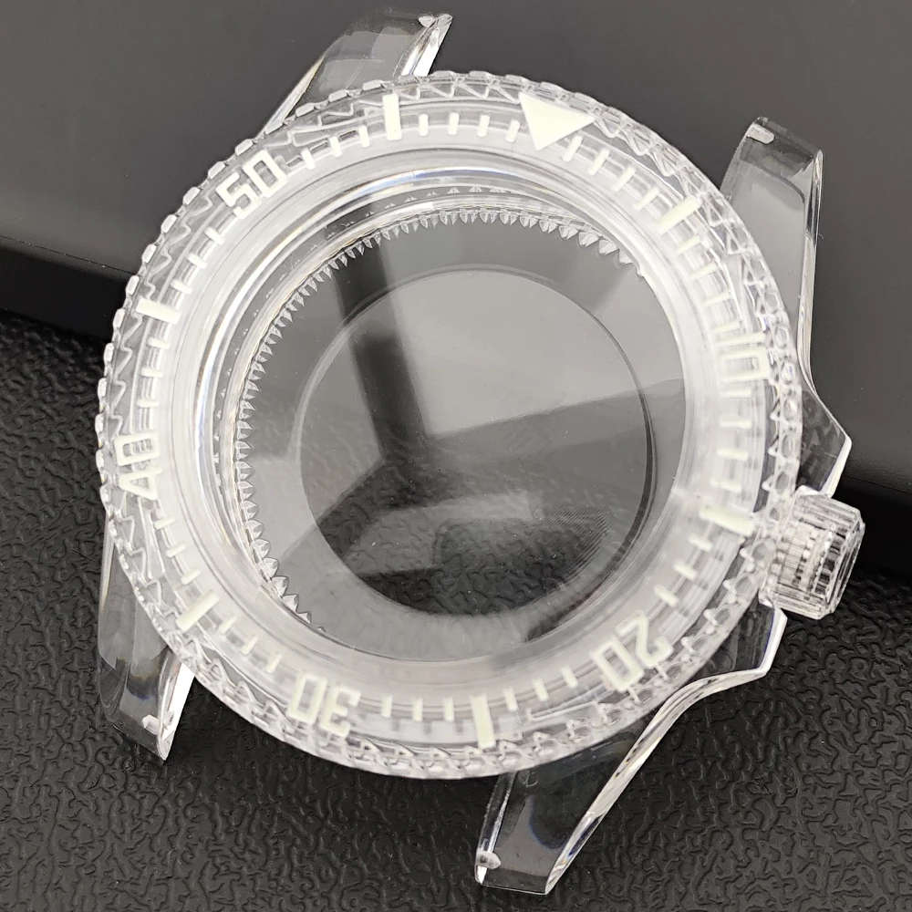 40mm acrylic case green luminous transparent unidirectional rotating case fits NH35 movement 20mm rubber strap watch accessories