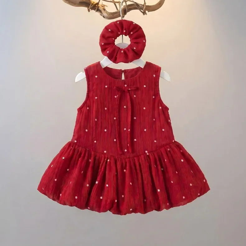 Mädchenkleid (0-10 Jahre) Sommer Neuheit Süßes Prinzessinnenkleid mit Haarschleife Rotes Geburtstagskleid für Babymädchen – Detail 2