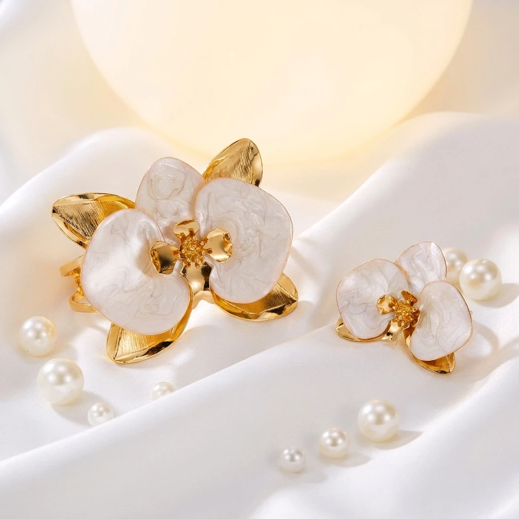 2-teiliges Metall-Blumen-Armband- und Ring-Set für Damen, Übertriebenes Emaille-Blütenblatt-Manschettenarmband, Hochzeits- und Bankett-Schmuckgeschenke – Detail 6