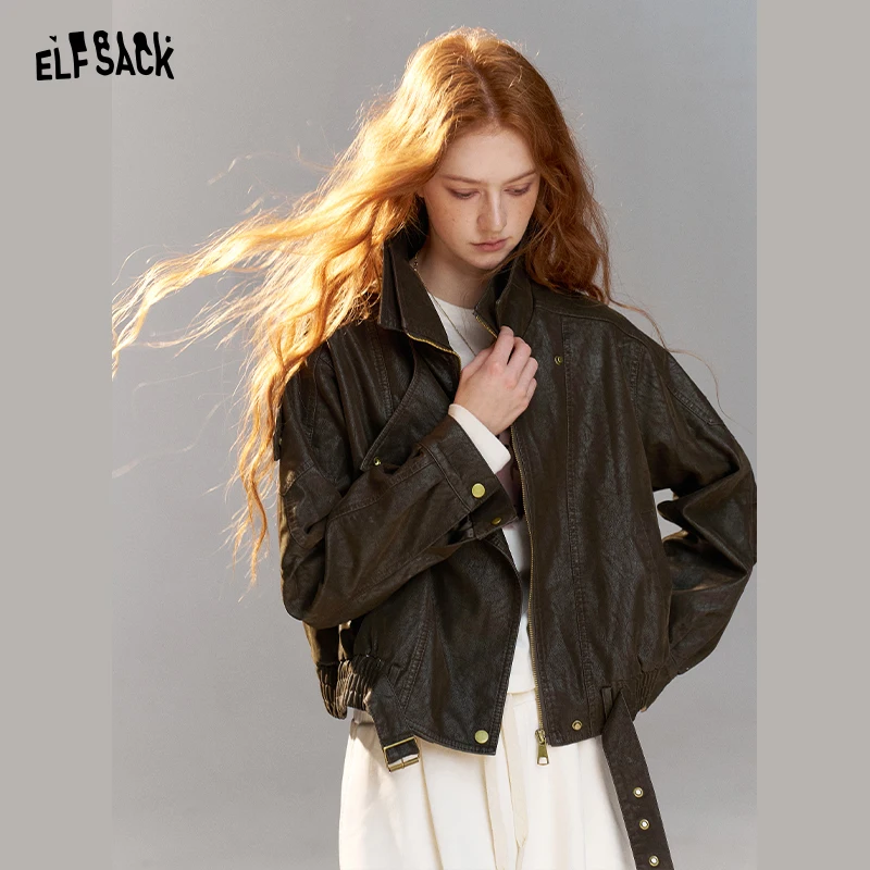 ELFSACK Women's Vintage Cropped Jacket with Zip Front, Asymmetric Hem Utility Outerwear for Daily Wear