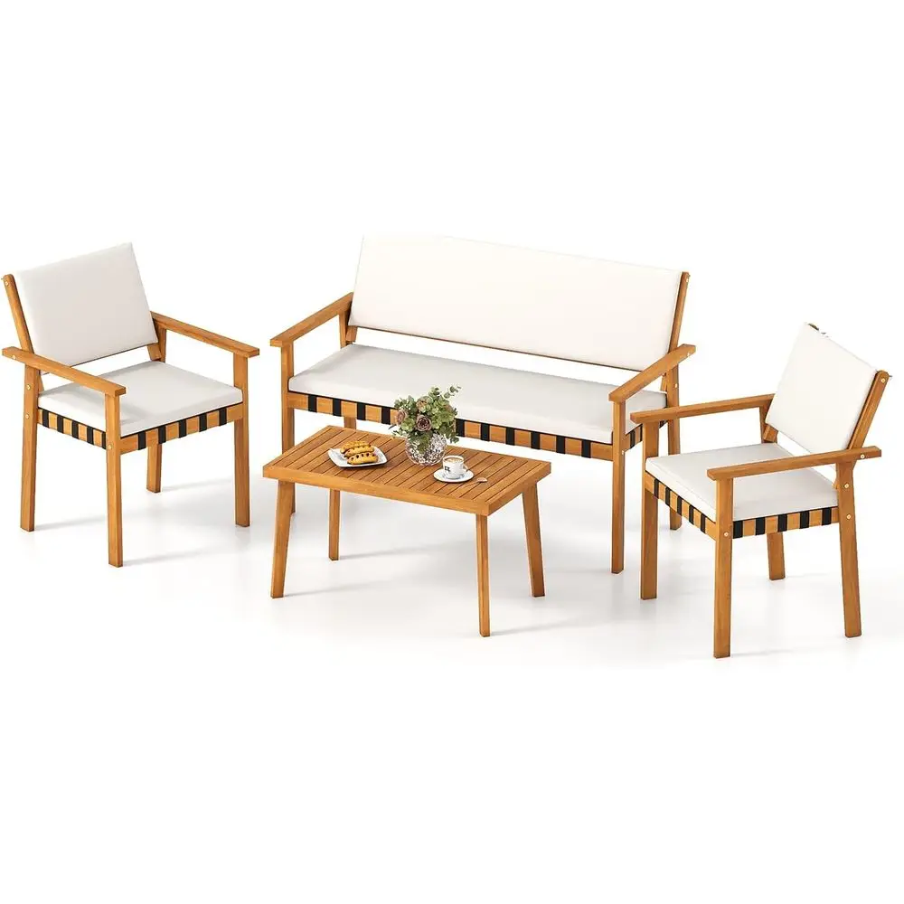 

4 Pieces Patio Furniture Set, Outdoor Acacia Wood Cushioned Section Set with Coffee Table, for Backyard, Porch, Garden, Lawn