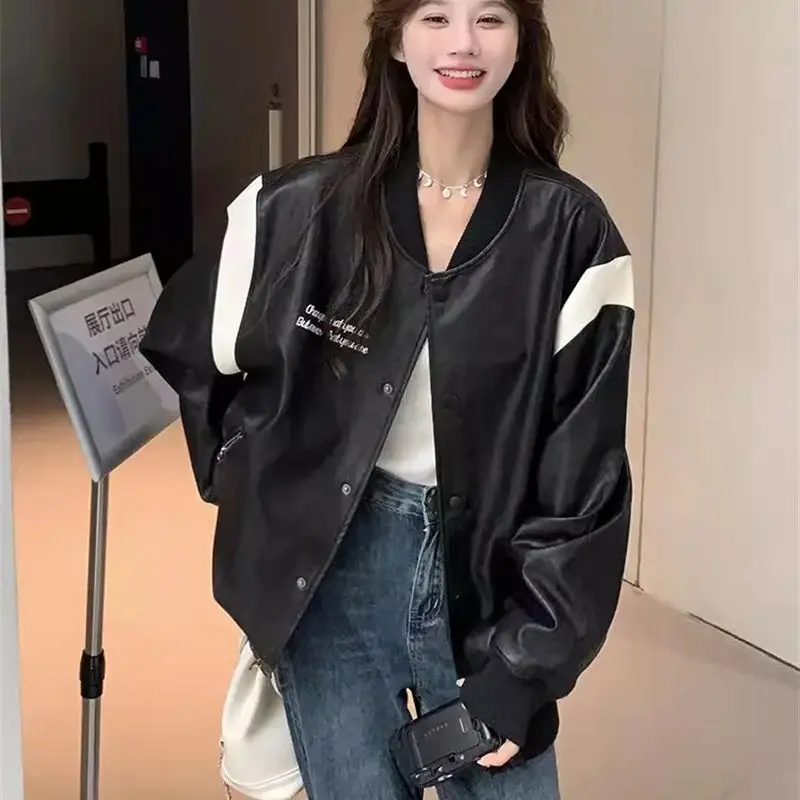 

Black Design Feeling Baseball Coat for Women Medium Length 2024 Autumn New Loose Korean Version Popular Leather Jacket this Year