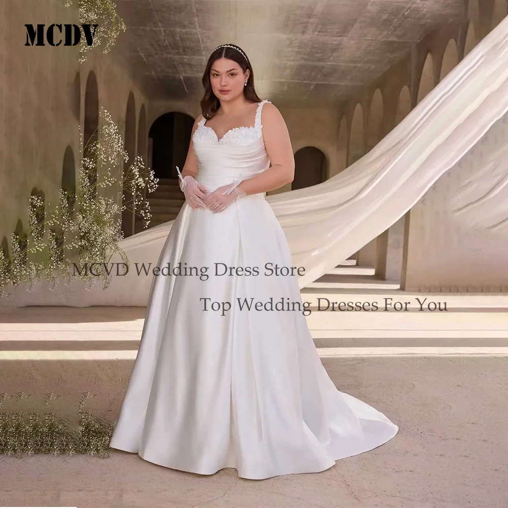 

MCDV Customized Satin Wedding Dress Simple Pearls Sweetheart Classic Bride Gowns A-line Wide Straps Modern Plus Size Bridal Gown