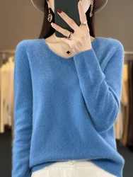 2024 New Womens Basic V-neck Pullover Sweater 100% Merino Wool Long Sleeve Cashmere Knitwear Autumn Winter Female Clothing Tops