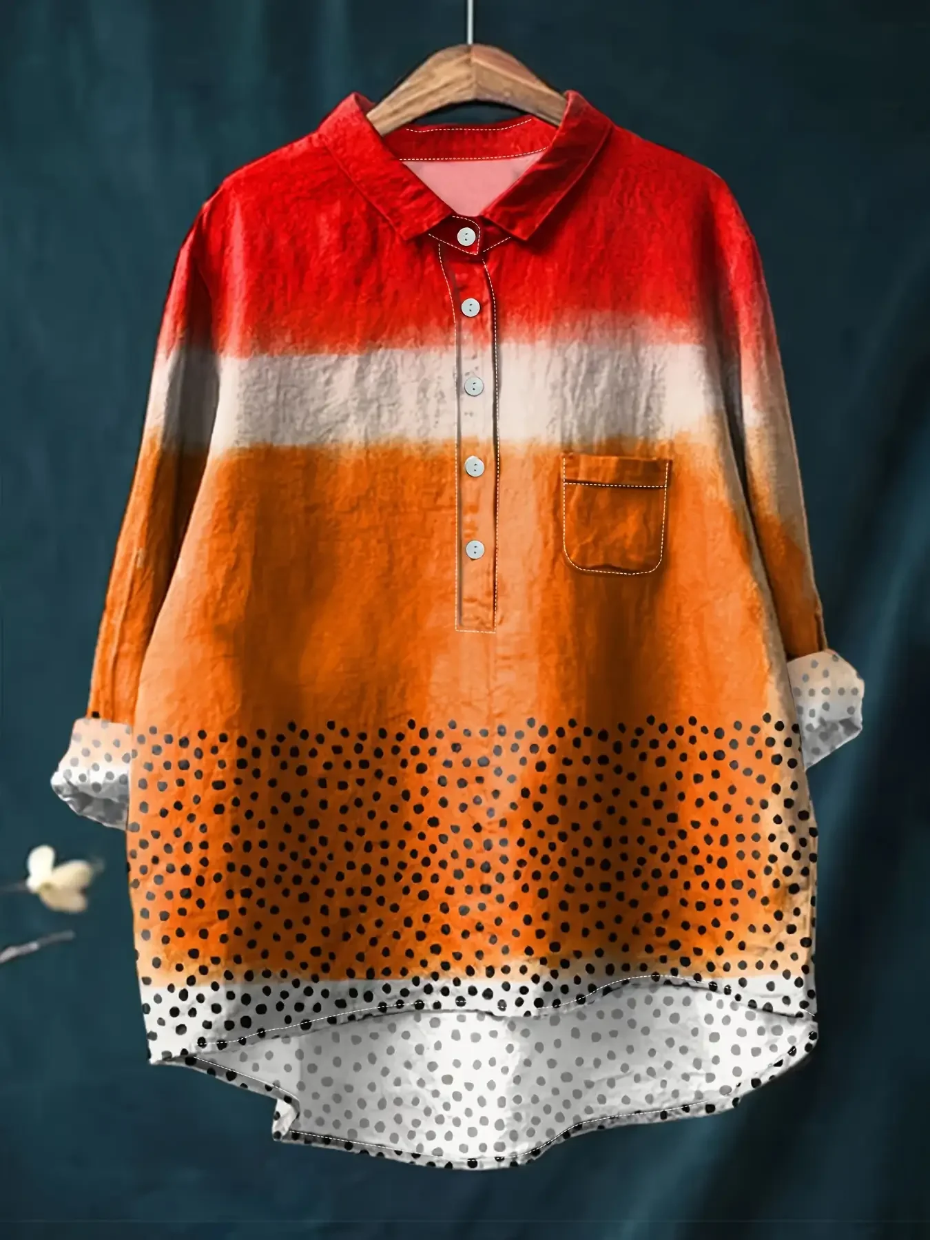 

Fashionable new women's casual loose fit floral printed button up shirt - Red, orange, and white black dot clothes
