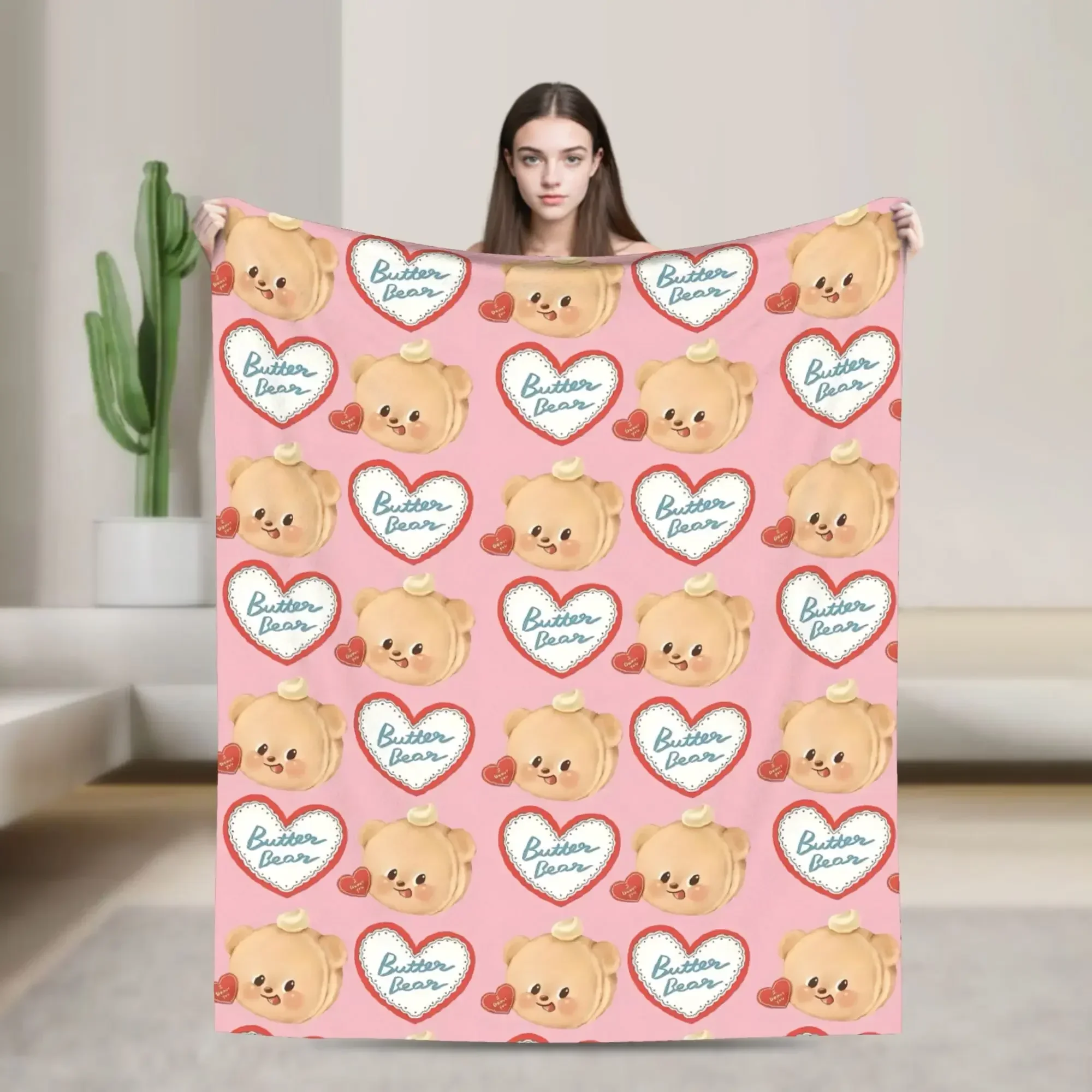 

Плед из фланели с мультяшным медведем Butterbear, мягкий, дышащий, с милым портретным дизайном, для дивана, кровати, гостиной, зимний декор для дома