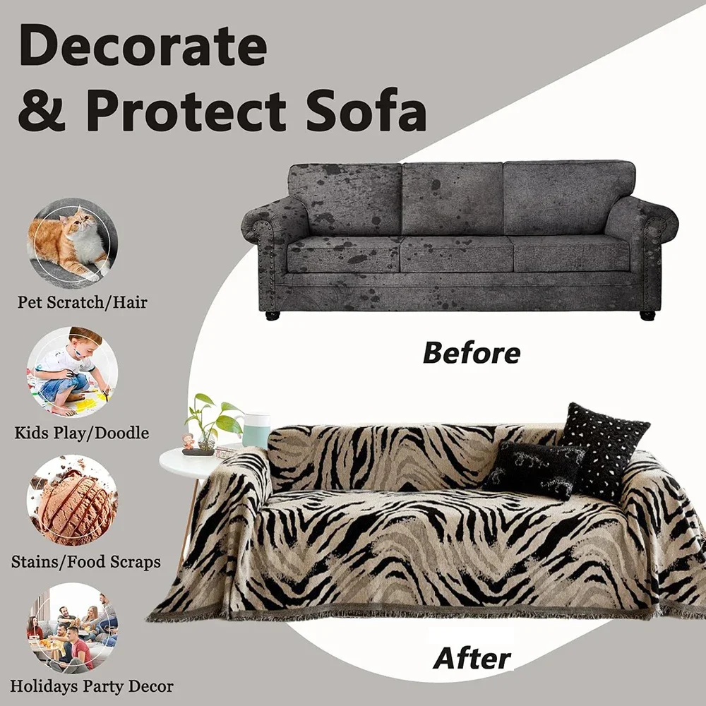 Chenille Abstract Striped Sofa Cover All-Season Soft Fringe Trim Washable Couch Protector for Living Room Bedroom Daily Decor