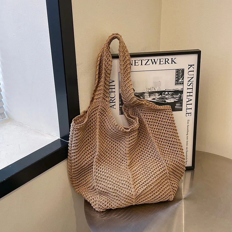 

Women Fashion Knitted Bag Crochet Tote Bag Large Hollow Out Tote Bag Solid Color Woven Shoulder Bag Lady Summer Beach Mesh Bag
