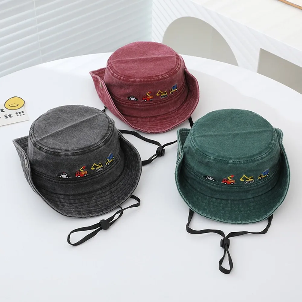 

Cute Embroidered Vehicles Kids Caps Adjustable Solid Color Fisherman's Hat Breathable Kids Bucket Hat for 2-6Years