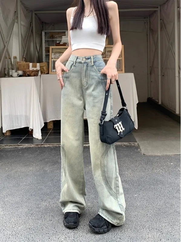 

Женские повседневные брюки с высокой талией и широкими штанинами в стиле ретро, свободные, модные, с эффектом потертости, весна 2026, новый стиль, простые, стройнящие, длинные брюки