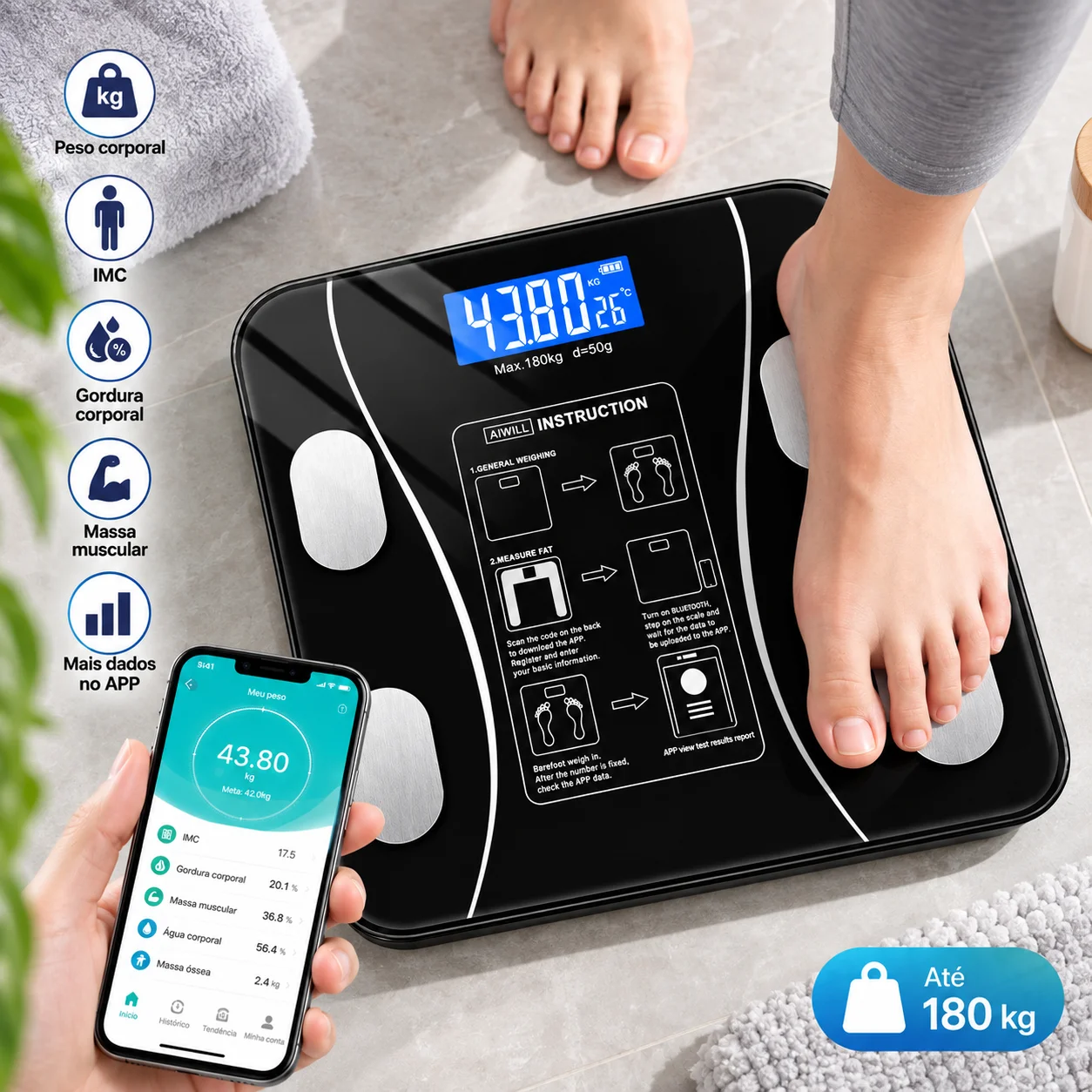 Balança Bioimpedância Digital Corporal Bluetooth 180kg Com App Para Monitorar Peso Gordura E Massa Muscular