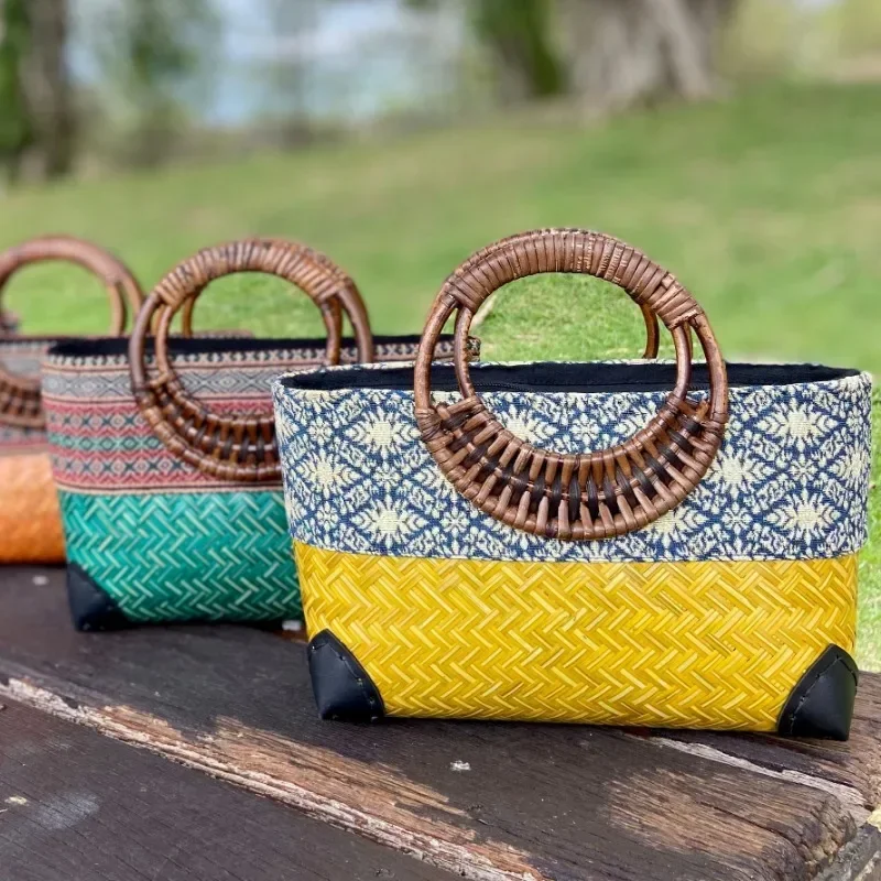 Retro Japanese Handmade Bamboo Woven Bag Mini Woven Female Bag Literary Youth Storage Handbag Rattan Beach Tote Vintage Handbag