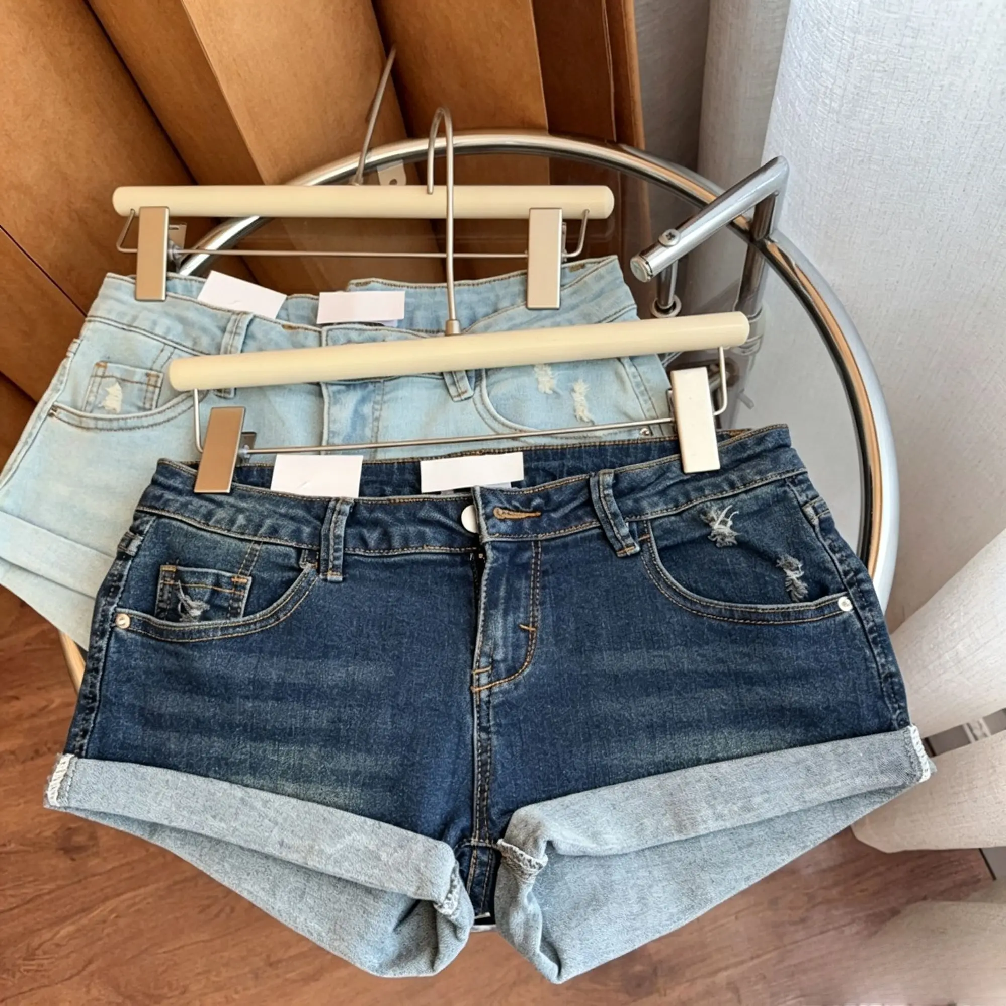 Retro Spice Girl Low Waist Hip Wrap Denim Super Shorts Women's Summer Curled Hole Skinny Hot Pants