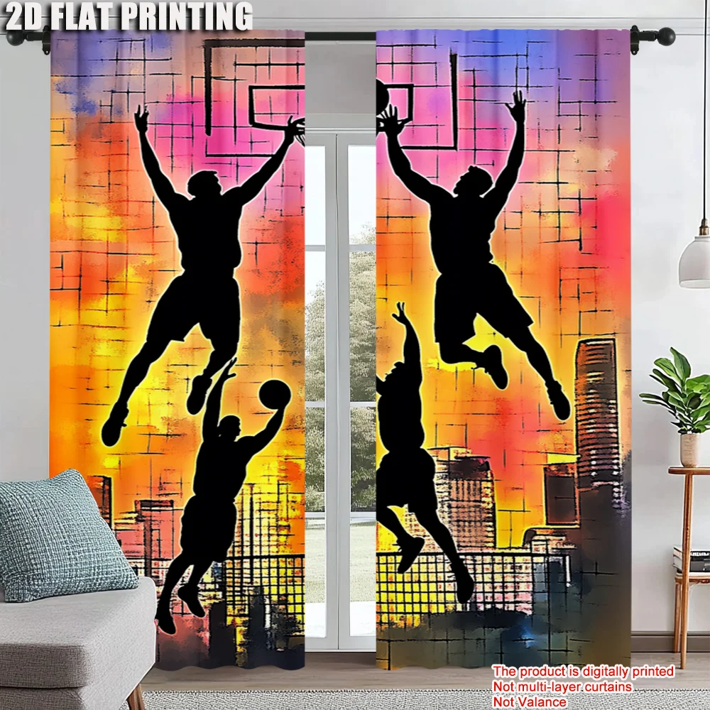 

2Pcs Basketball Street Scene Curtains Rod Hole Design For Bedroom Living Room Dining Decor Polyester Machine Washable