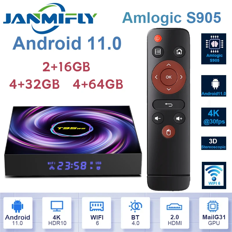 T95 w2 Amlogic S905 Android 11 TV Box BT4.0 Quad Core Cortex A35 Support 6K Video 2.4G/5GWifi Google Media Player Set Top Box