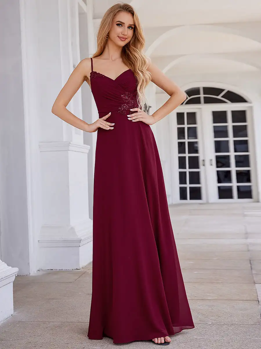 

Elegant Evening Dresses V-Neck Applique Waist Sleeveless Floor Length 2024 Ever Pretty of A-Line Burgundy Bridesmaid Dress