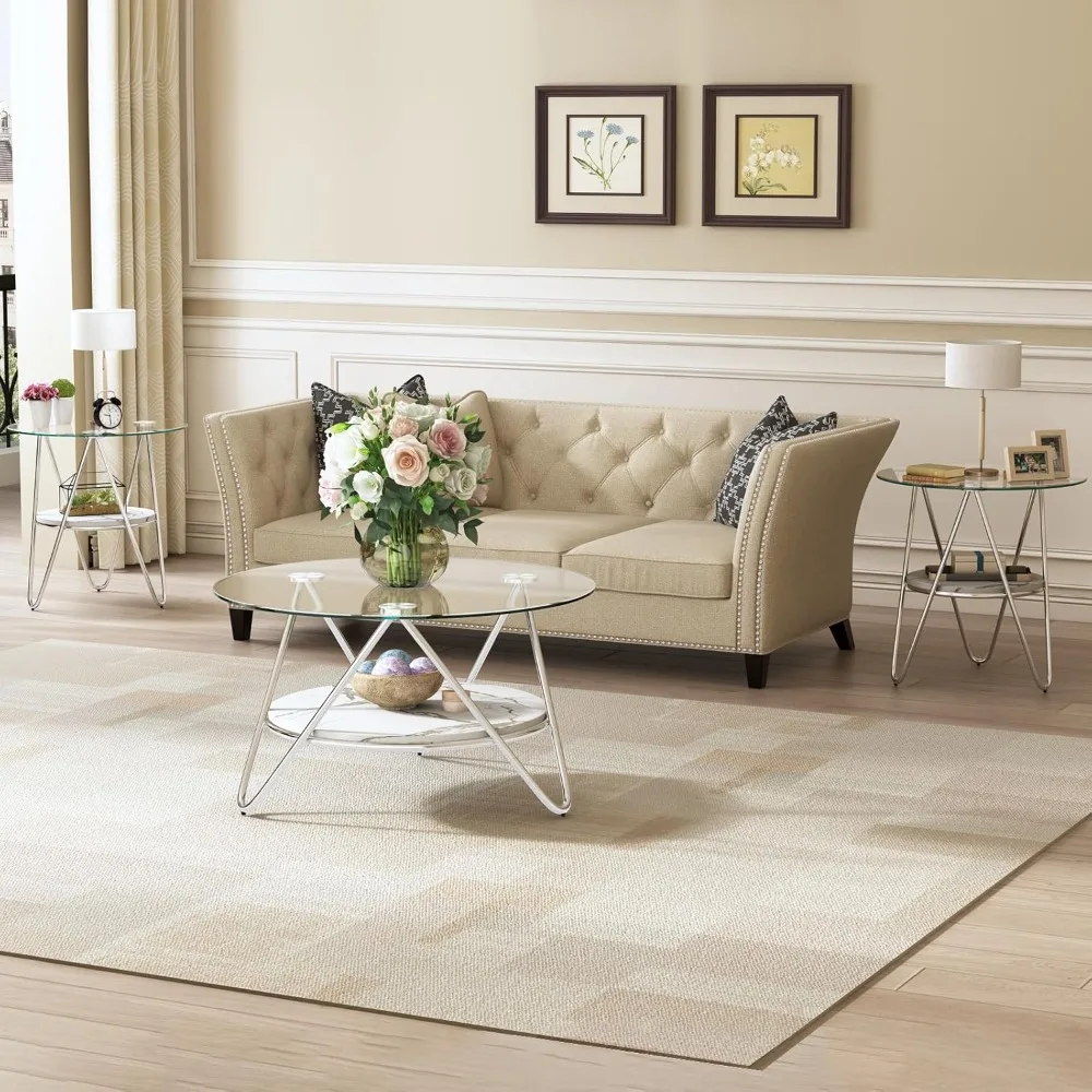 Meja Kopi Bulat dengan Penyimpanan, Meja Kopi Kaca 2 Tingkat untuk Ruang Tamu, Meja Tamu Modern dengan Kaca Tempered & Logam