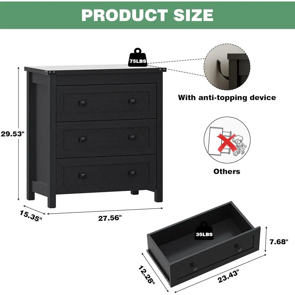 3-Drawer Farmhouse Style Nightstand, Compact Bedroom Storage Cabinet, Modern Black Organizer for Living Spaces