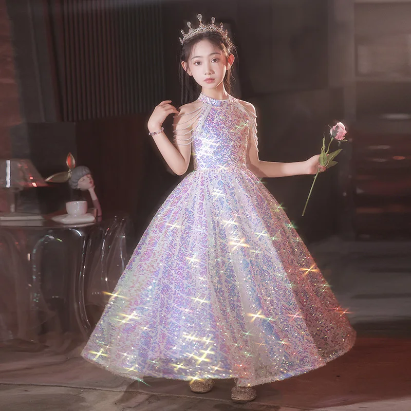 

Gorgeous Shiny Sequin Hanging neck sleeveless bead girl Dresses kids dance party dress For Weding Birthday Banquet Long Gown