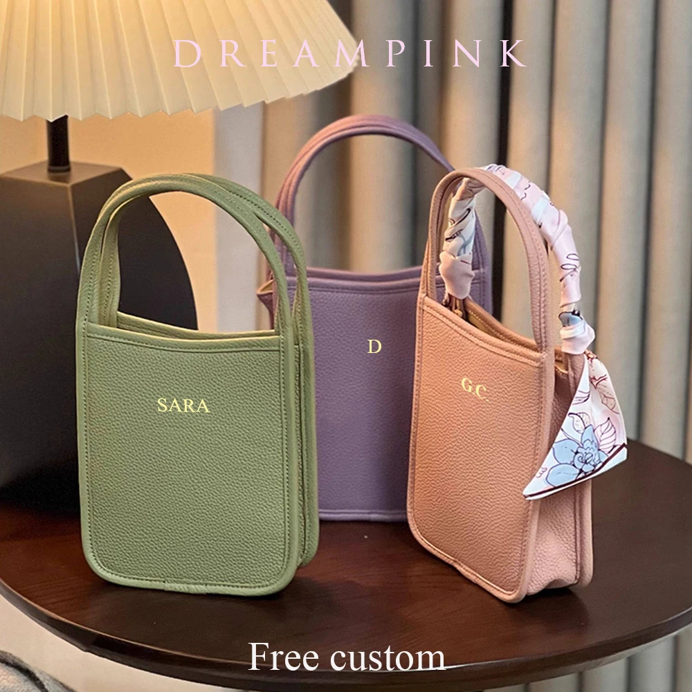Fashion Women Small Bag Custom Name Genuine Leather Top Handle Daily Phone Bag Engrave Letters Macaron Summer Crossbody Bag