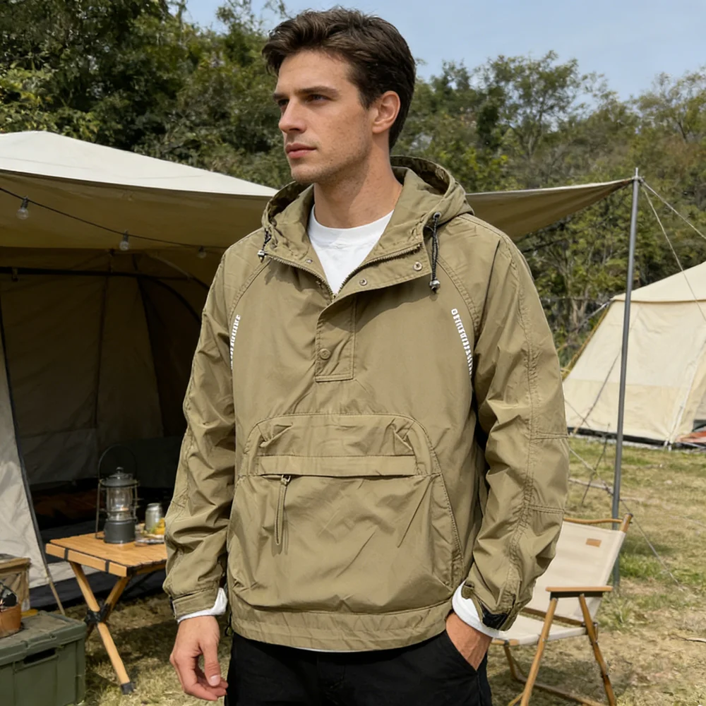 Spring Autumn Mens Anorak Jackets Fashion Man Half Zip Streetwear Hip Hop Hooded Coats Men Loose Windbreaker Sports Work Jackets