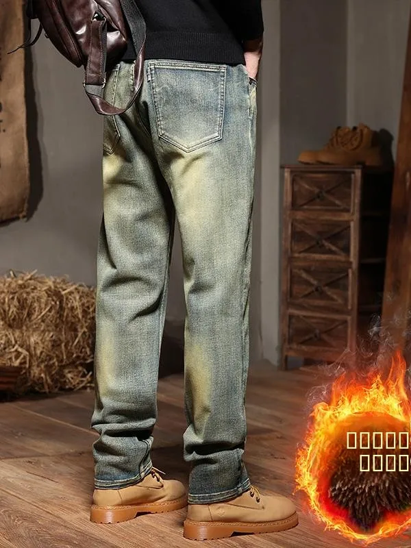 

Thiened Fce Lined Straight Leg Jeans Men's Winter Warm Sli Cotton Polyester Blend Elastic Stretch Denim Trousers