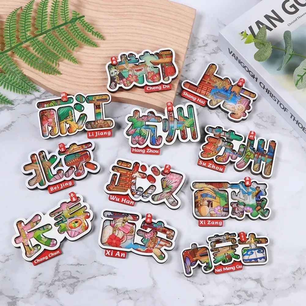 China Landmarks Refrigerator Magnets Wooden Home Decor Fridge Sticker Souvenir Gift Beijing Shanghai Hangzhou Suzhou and More