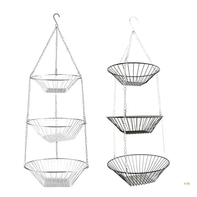 

41XB 3 Tiers Fruit Basket Kitchen Storage Basket Chain Hanging Space Saving with Hook
