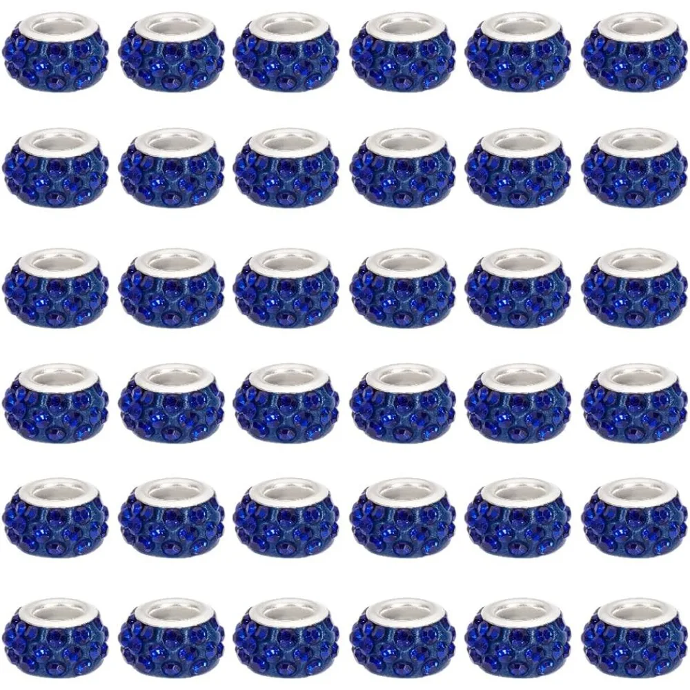 100pcs Polymer Clay Rhinestone European Beads Large Hole  Dark Blue Round  Silver Plated Brass Core