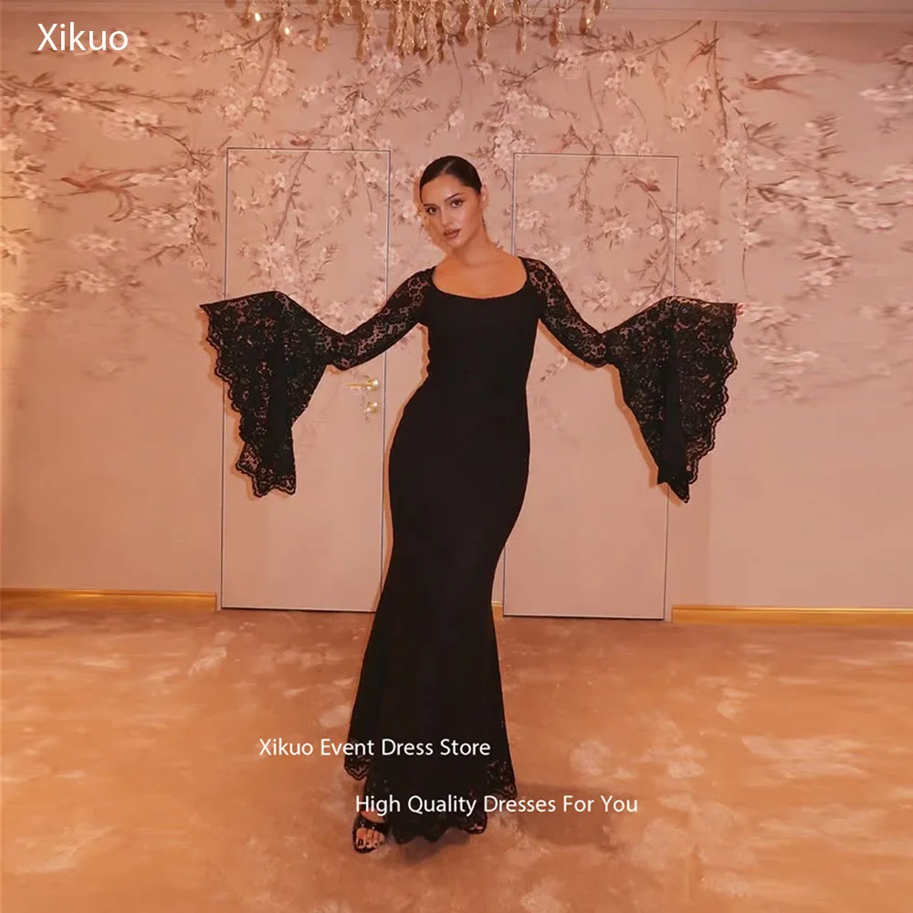 

Xikuo Кружевные рукава в форме колокольчика Вечерние платья 2025 Черные кружевные платья для выпускного вечера Аппликации Русалка Иллюзия Robe De Soirée по индивидуальному заказу