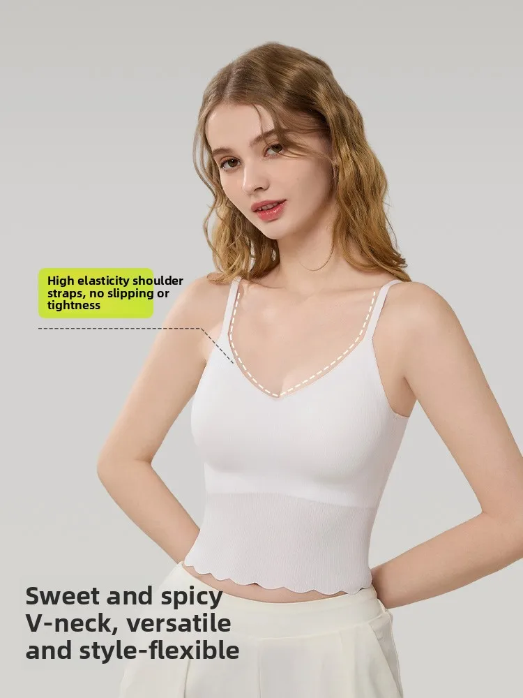 여성용 인티메이티드 얇은 조끼 가슴 패드 포함 브라 필요 없음 V넥 길이 높은 신축성 일상 착용 나일론 원단
