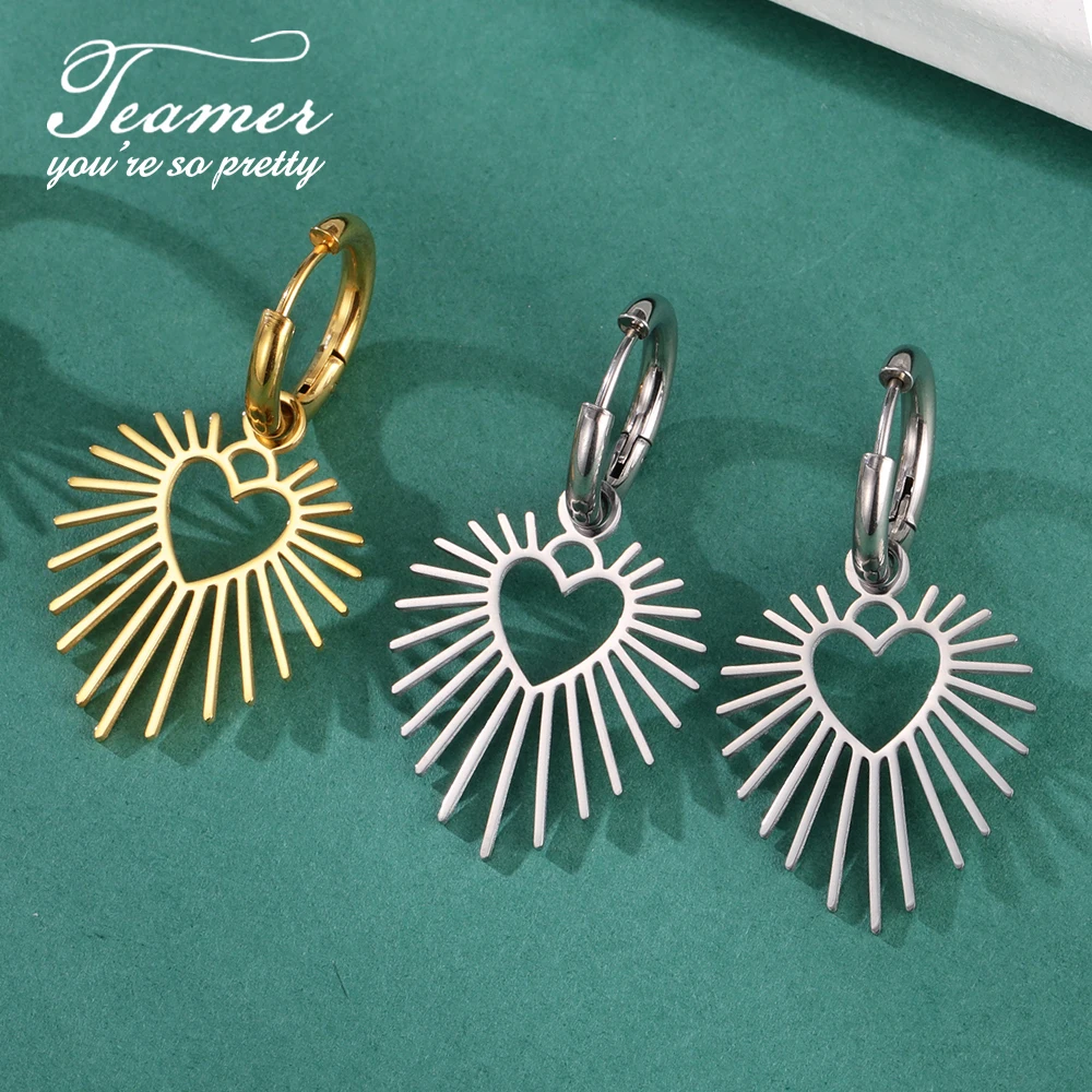 Teamer Vintage Sun Stainless Steel Hoop Earrings Hollow Geometric Heart Pendant Jewelry Women Girls Wedding Valentine's Day Gift