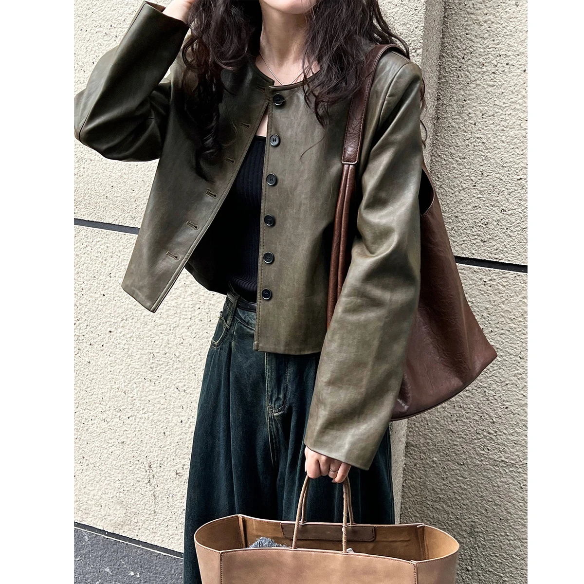 2024 Spring Pu Leather O-Neck Jacket Fashion Women Classic Army Green Color Jacket Femme Streetwear Women Tops Clothes