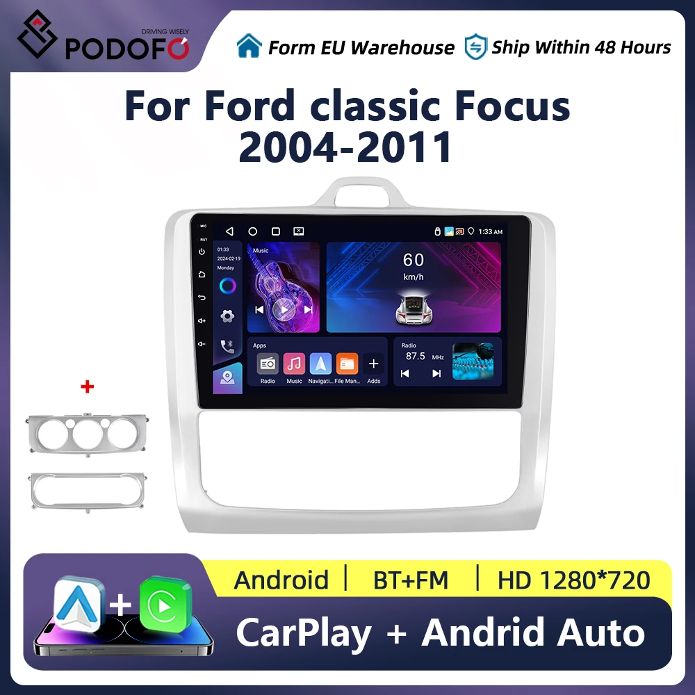 Podofo Android 12 Car Radio for Ford Focus 2 3 Mk2 Mk3 2004 2005-2011 Multimedia Player Navigation GPS 2Din Carplay Stereo