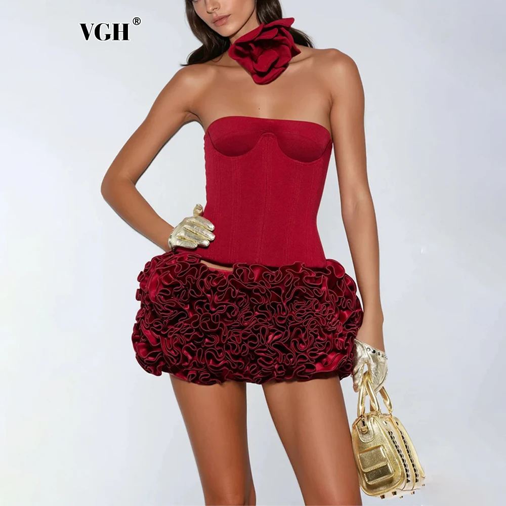 VGH Hotsweet Short Skirts Suit For Women Strapless Sleeveless Backless Top High Waist Ruffles Bodycon Skirt Sexy Slim Set Female