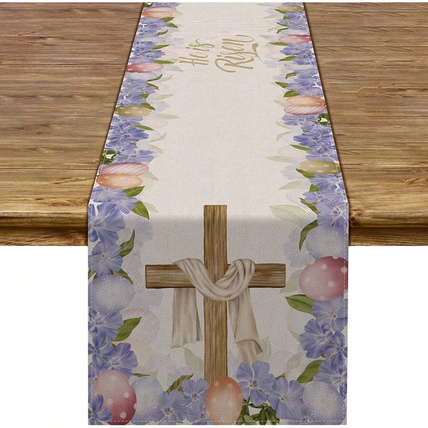 1 Stück Oster-Kreuz-Tischläufer mit Blumenmuster und 'Er ist auferstanden' Aufdruck, Leinen 2D-Druck, Osterdekoration für Küche, Esszimmer, Wohnzimmer, Geschenk